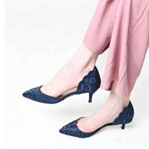 XYD Navy Pointed Toe Low Heel D'Orsay Rhinestone Pumps Bridal Shoes